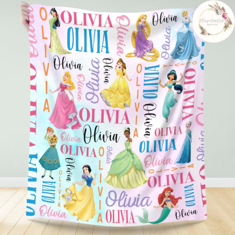 Personalized Watercolor Disney Princess Blanket Custom Name Baby Girl Blanket Disney Princess Birthday Girl Gift WDW Disneyland Princess