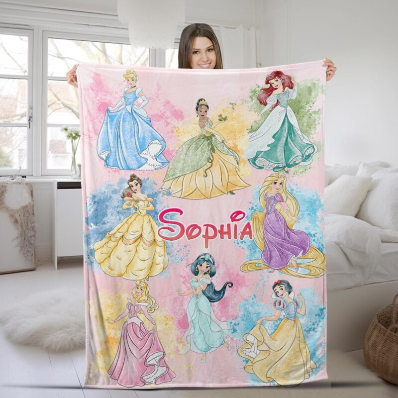 Personalized Watercolor Disney Princess Blanket Custom Name Baby Blanket Disney Princess Birthday Girl