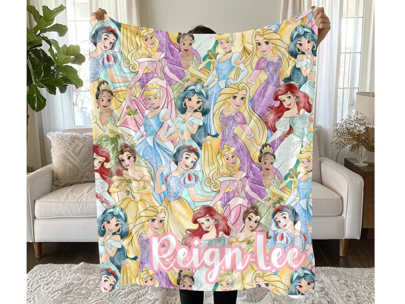 Princess Girl Gift Personalized Blanket idea Custom Bedroom Decor Girly Gift ideas Christmas Travel Blanket Vacation Cinderella Ariel Belle